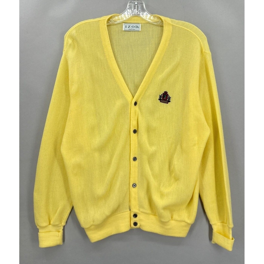 Vintage IZOD Sweater Mens Large Yellow Grandpa Cardigan 70s 80s Made‎ USA